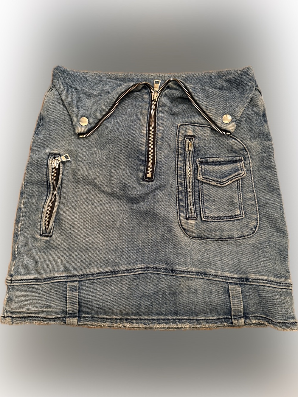 RtA Distressed Indigo Denim Mini Skirt with Zipper Accents